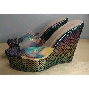 Bamboo Mermaid Multicolor Scale Design Wedge‎ Sexy Clubwear Heels Size 7.5
